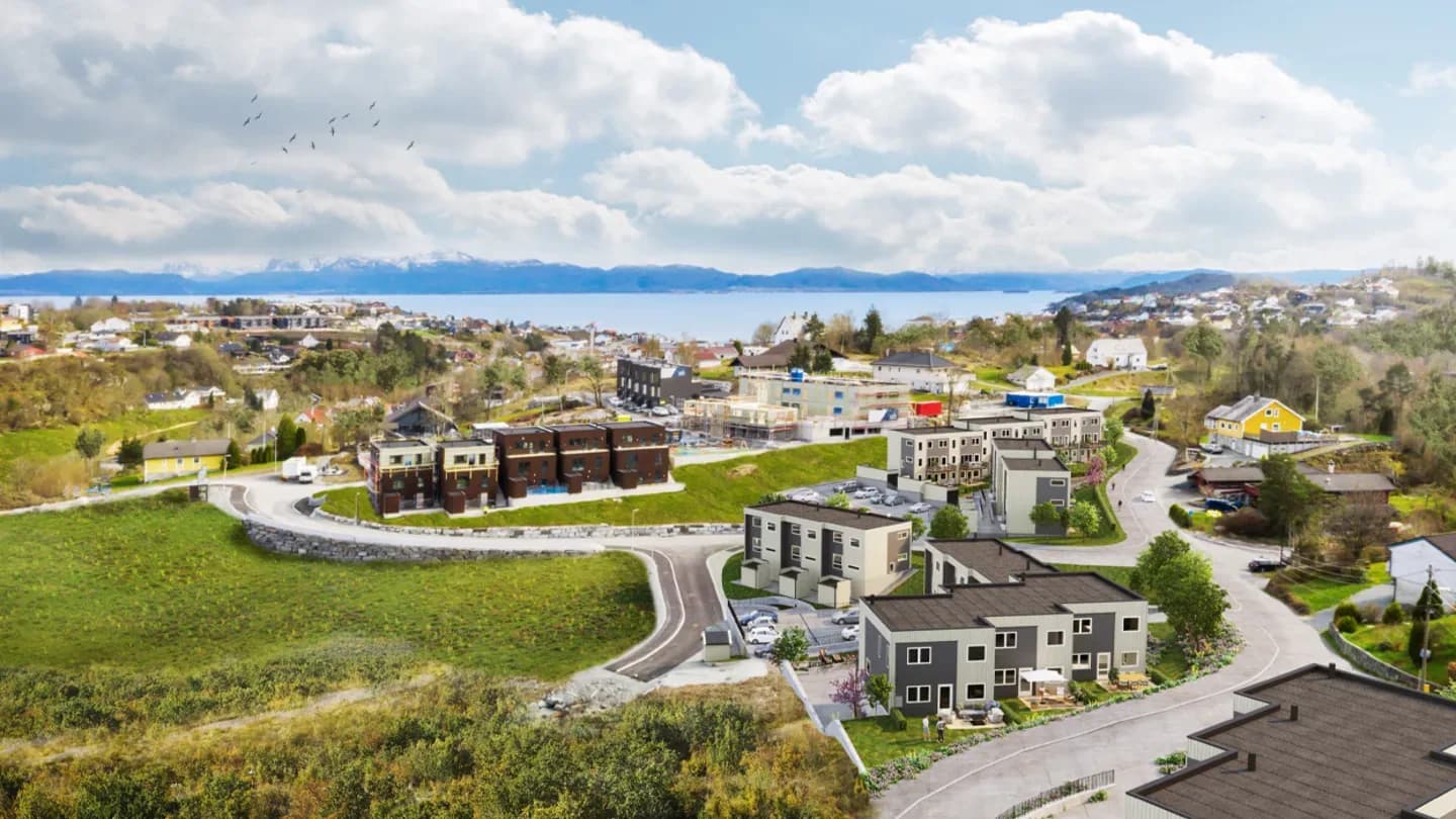 Illustrasjon av boligområdet Osstolen med utsikt mot sjøen
