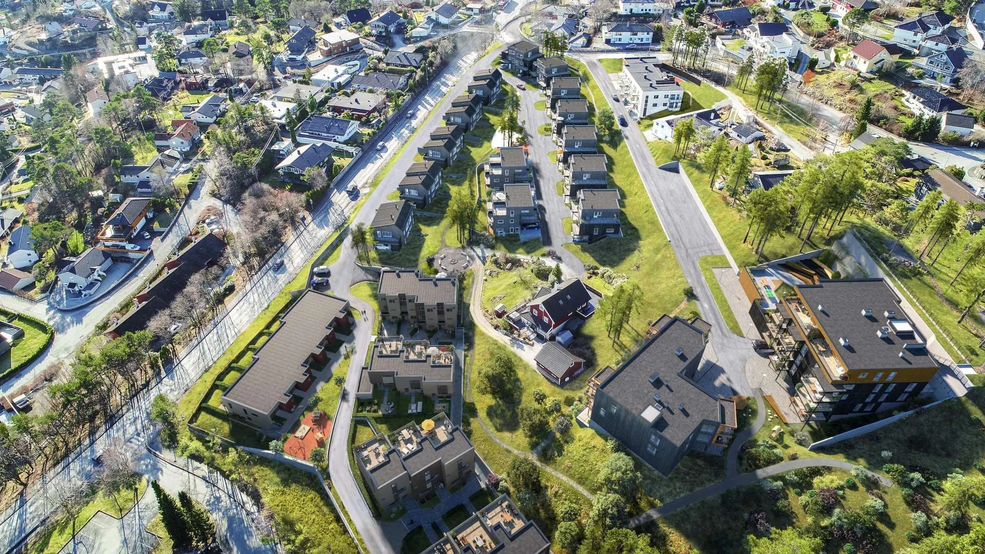 Boligfelt sett fra vest, fra luften